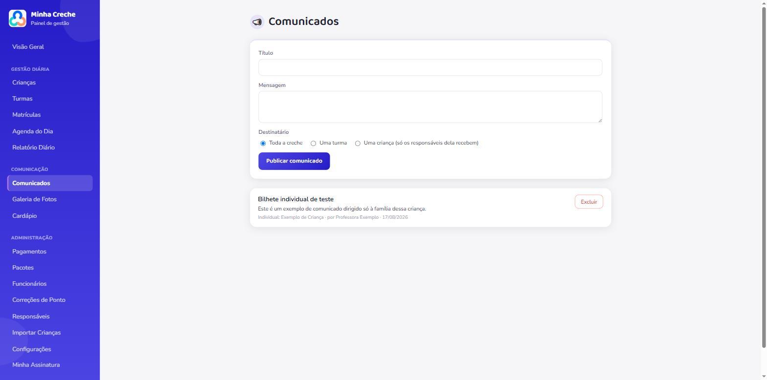 Envio de comunicados pra toda a creche, uma turma ou uma família específica
