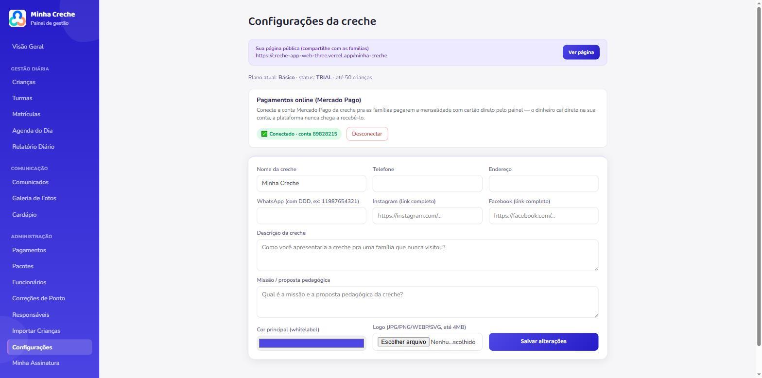Personalização da marca da creche (cor, logo, página pública) e conexão de pagamento
